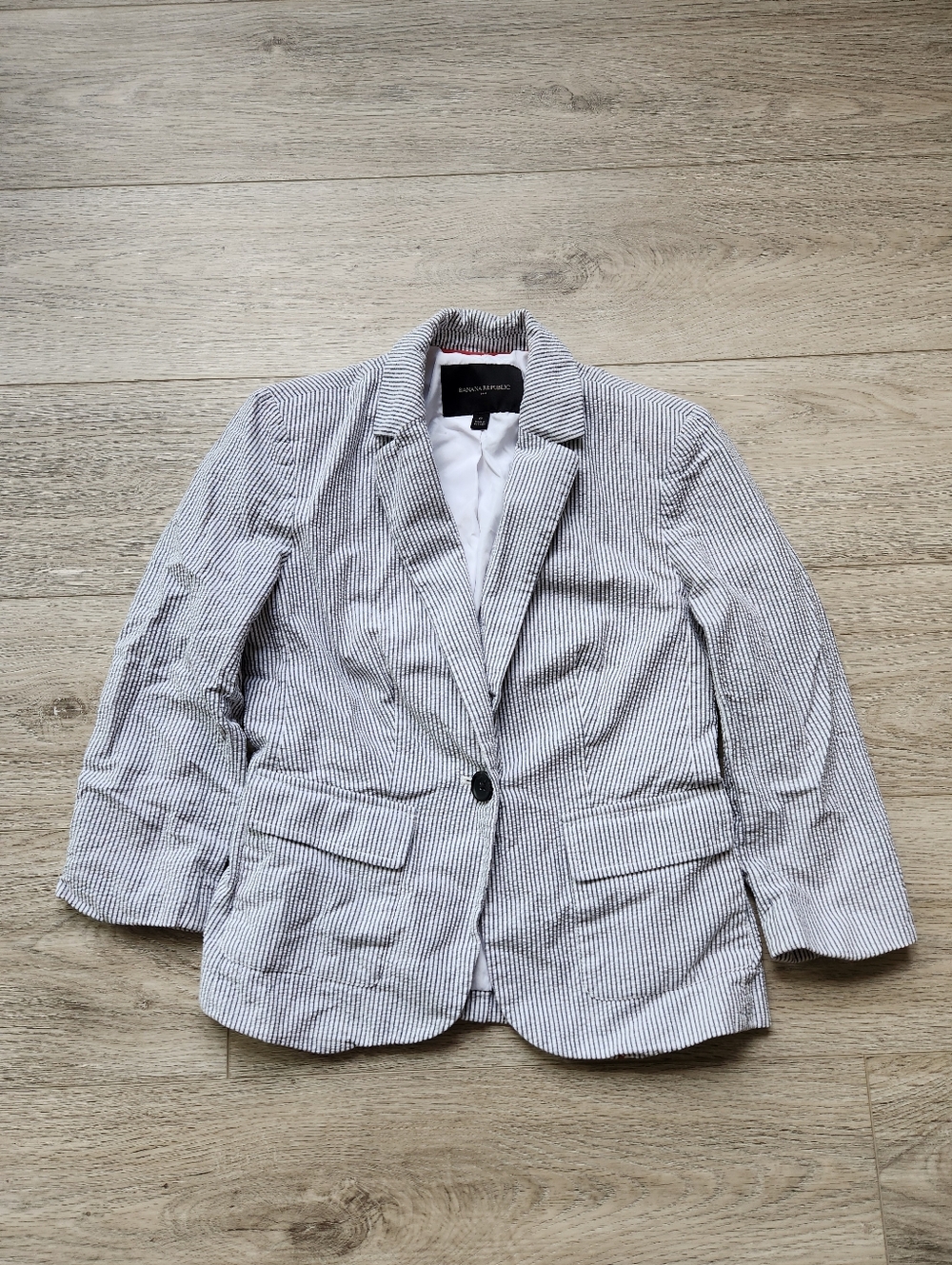 Banana Republic White Gray Seersucker Blazer Jacket Womens 0 Pinstripes